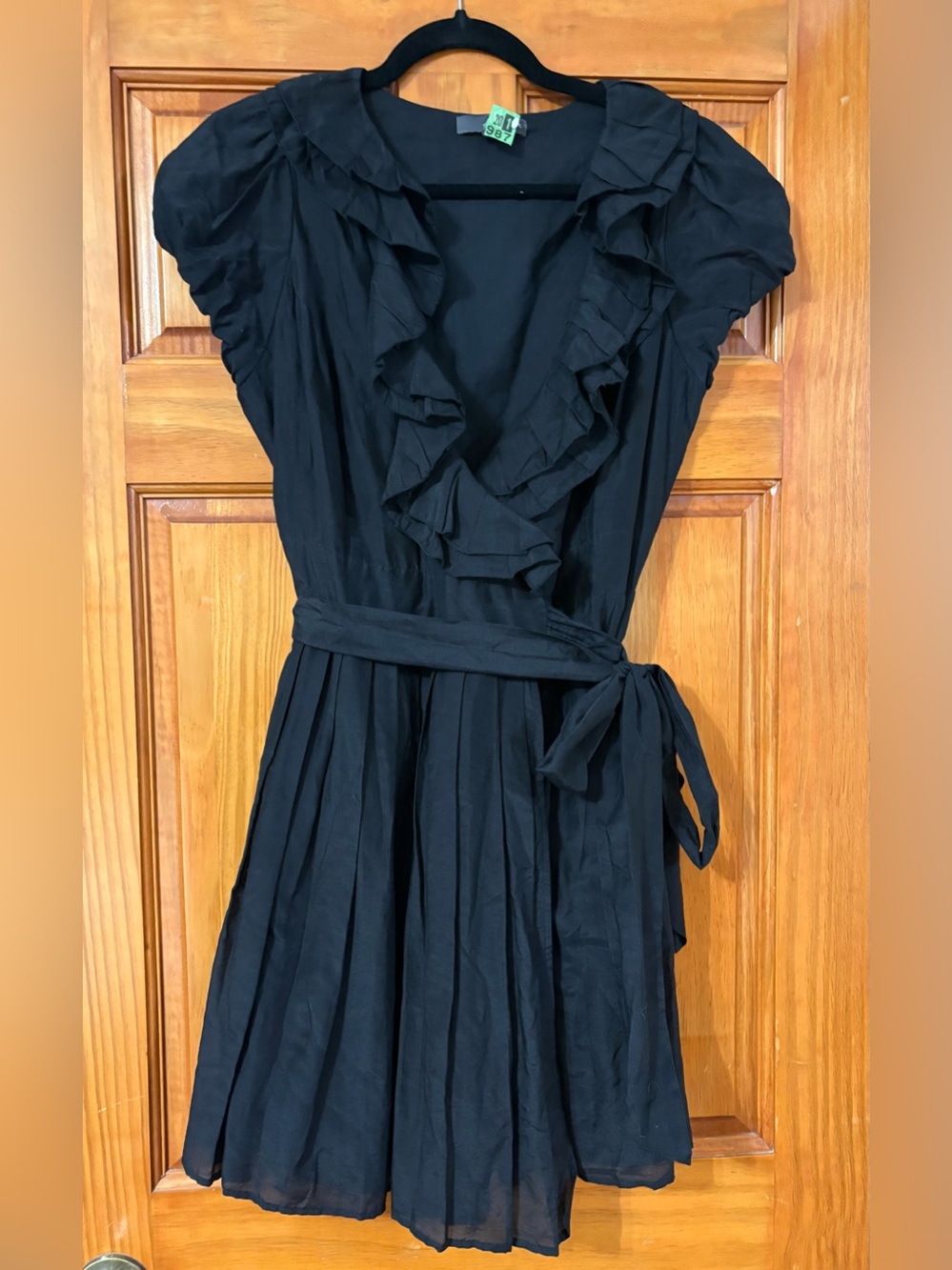 Y2K Cotton/Silk Black Wrap Dress With Ruffled Neckline, Large